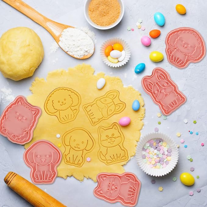 Dog Cookie Cutters Set, 8 Pcs Puppy Cookie Cutter with Plunger Stamps | Different Shapes, Rich Details and Textures, Cute Cookie Cutters for DIY Biscuit Dog Snacks Cheese Baking