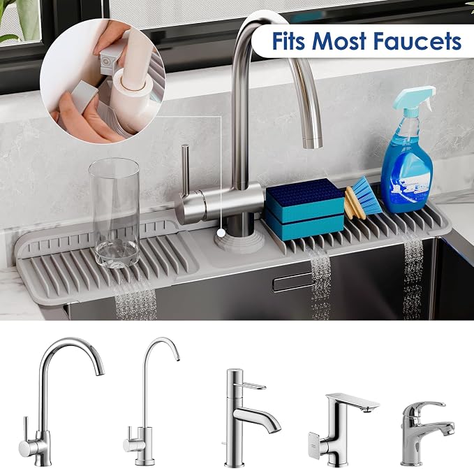 24-Inch Silicone Faucet Mat for Kitchen Sink Splash Guard, 7° Slope | 24"x5.5" water draining mat with fasten button; 1.6-2.75" customizable hole for bathroom, RV & kitchen sink drip catcher.