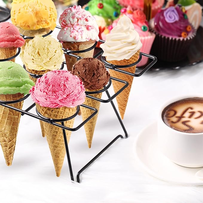 Patelai 2 Pack Ice Cream Cone Baking Racks 12-cavity Cupcake Cone Holders Cupcakes Display Stands Cooling Racks for Home Kitchen Baking Cooking Ice Cream Tools Supplies(Black)