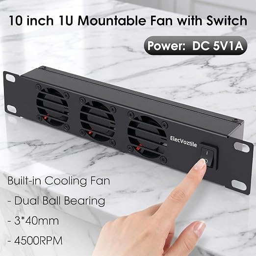 10 inch 1U Rack Mount Fan Panel with Switch, Metal Case | 5V Adapter Included, 3-Fan, Exhaust Cooling, Fits 10-inch Mini Server Rack