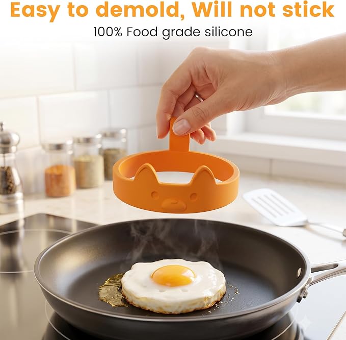 Egg Ring 4 Pack Silicone Rings for Frying Eggs, Non Stick Fried Egg Cooker Ring, Cute Animal Designs Gifts for Family Friends, 4-inch Round Egg Mold for Pancakes Breakfast Sandwich Puppy