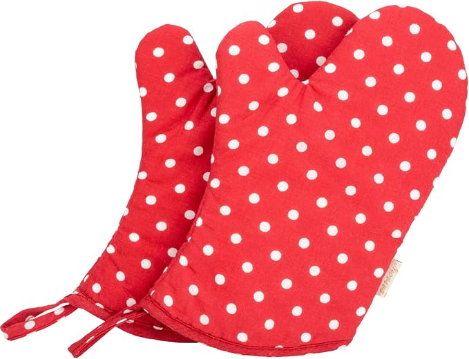 NEOVIVA Kitchen Oven Mitts for Kids,Heat Resistant Cotton Oven Gloves | Set of 2,for Cooking,Baking,Play Kitchen,Farmhouse Restaurant,Polka Dot Red