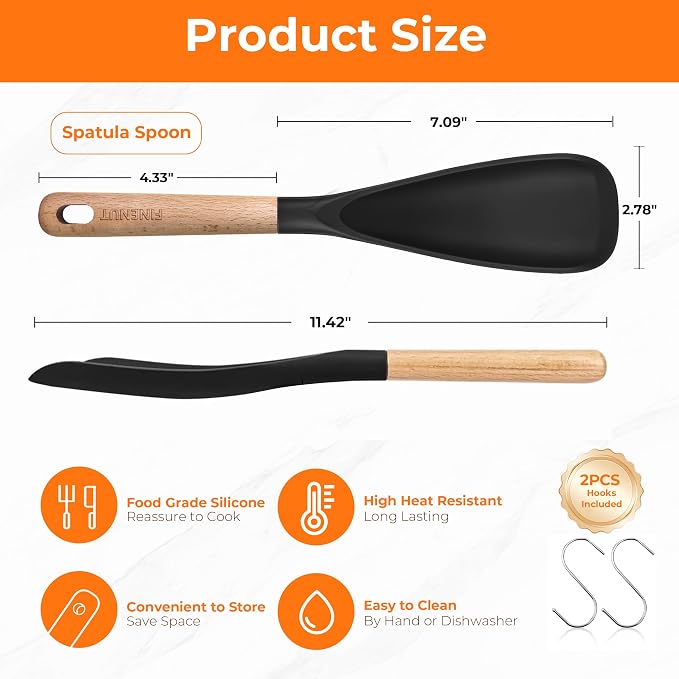 2-Pack Silicone Cooking Spoons with Wood Handle & S-Hooks - Heat Resistant 446°F Spoonula for Nonstick Cookware - BPA Free Multifunction Spatula Spoon for Mixing, Scooping&Serving