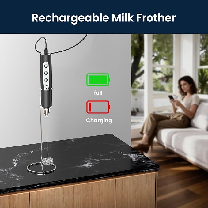 Milk Frother Wand Rechargeable Handheld Electric Whisk 3 Speed Adjustable | Coffee Frother Wand with 3 Stainless Whisks Electric Foam Maker Drink Mixer Blender for Latte Cappuccino Matcha Egg