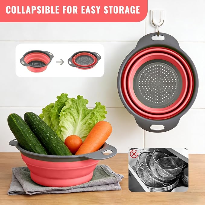 2 Pack Collapsible Silicone Colander with Handle, Over Sink Foldable Food Strainer, BPA-Free Space Saving Drain Basket for Vegetables, Fruits, Pasta, Kitchen & Camping (Red)