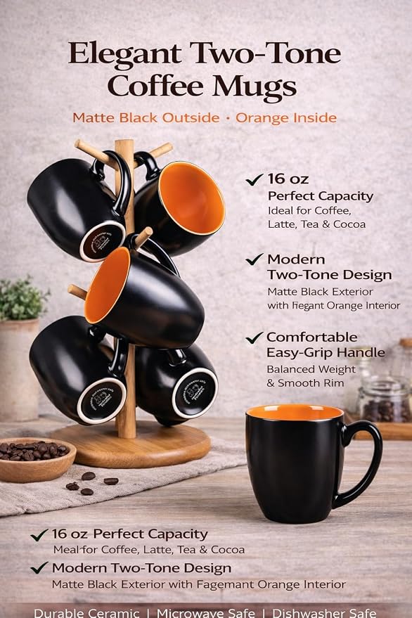 GBhome 16 oz Coffee Mugs Set of 6, Ceramic Coffee Cups- Orange