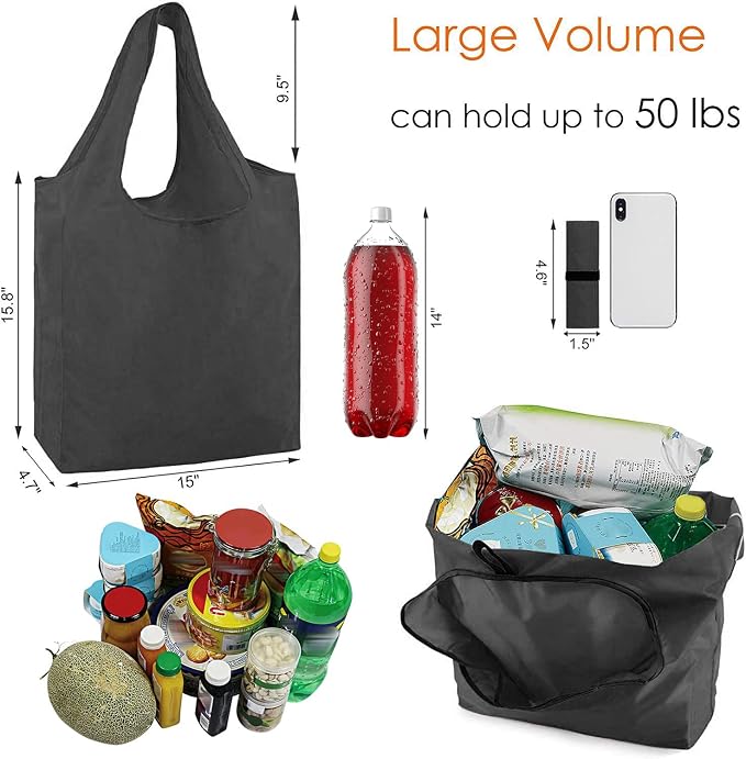 BeeGreen Black Reusable Grocery Bags Wholesale Dark Reusable Kitchen Bags Bulk Foldable-Machine Washable with Zipper Storage Pouch 50 Packs