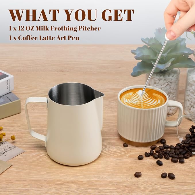 Amrules Milk Frothing Pitcher 12oz Frother Cup Barista Tools, White | 18/8 Stainless Steel, 12oz Capacity with Clear Scale, with Decorating Pen, Ergonomic Handle, for Cappuccino, Latte & Espresso
