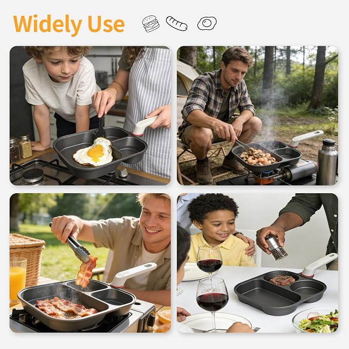Nkove Egg Pan, 3 in 1 Breakfast Skillet with Divided Sections for Eggs | Nonstick Multi Compartment Frying Pan, Induction Compatible Cookware for Eggs, Pancakes, Bacon and Easy Breakfast Cooking
