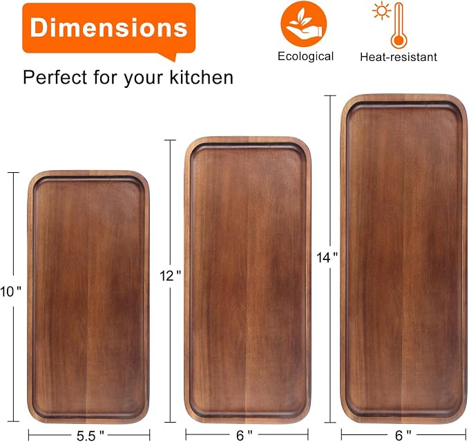 Acacia Wood Plates Small Decorative Tray Wooden Serving Platter for Food | Cheese Charcuterie Board Rectangle Appetizer Plate Long Snack Dessert Trays Kitchen Dish Party Platters Valet Catchall Tray