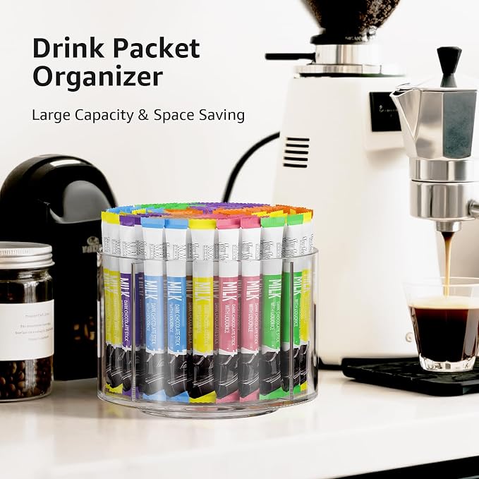 2-Pack Divided Drink Packet Organizer, Rotating Turntable Organizer | Spinning Powdered Drink Mix Holder, Clear Lazy Susan Turntable, Divided Water Drink Packet Storage Organizer