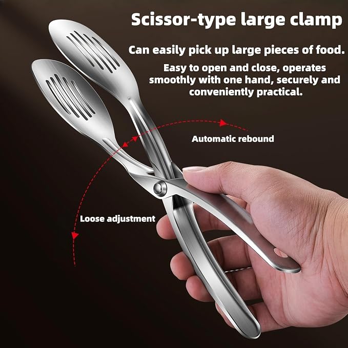 Kitchen Metal Tongs, 304 Stainless Steel Scissor Tongs | Heat-Resistant 600C, For Food, Steak, Bread, Pizza, Salads, BBQ, Stable Clamping and Flipping Performance, multi function