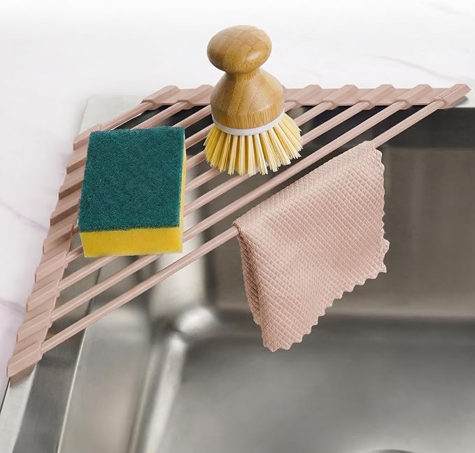 Tomorotec Roll Up Dish Drying Rack with Silicone Coating, Light Coffee | 304 Stainless Steel with BPA-Free Silicone, Triangle Design Maximizes Sink Corner Space, Fits Compact Kitchens And RVs