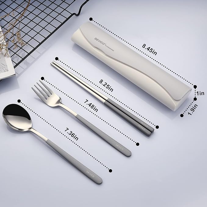 DEVICO Travel Utensils with Case, 4 Piece Portable Silverware Set for Work | 18/8 Stainless Steel Reusable Travel Cutlery Set, Korean Chopsticks Fork and Spoon Set for Lunch Box/Camping/Picnic/Dorm,Gray