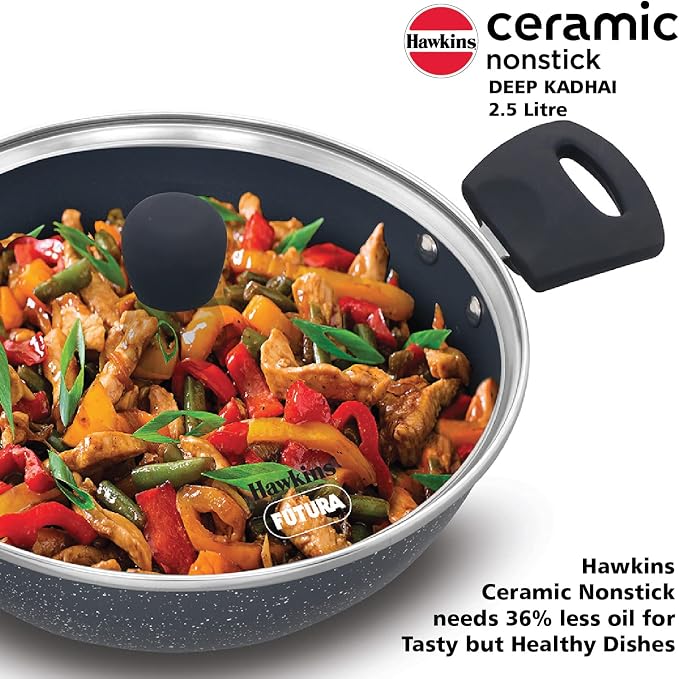 HAWKINS Ceramic Nonstick 2.5 Litre Deep Kadhai, Induction Deep Fry Pan with Glass Lid, Granite Kadai (ICK25G)