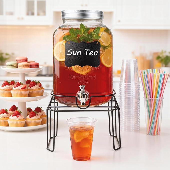 2 Gallon Glass Drink Dispensers For Parties,Beverage Dispenser with Stand,Fruit Infuser,Mason Jar Water Dispenser for Juice/Tea,Lemonade Dispenser for Parties,BPA Free Clear Water Pitcher with Spigot