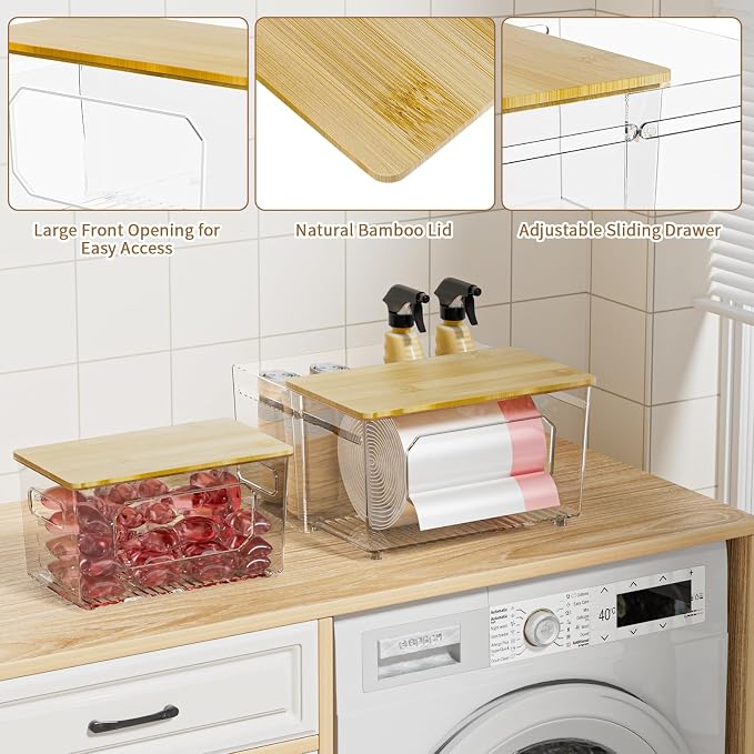 spospo Trash Bag Holder 3-in-1 Under Sink Organizer with Bamboo Lid | Acrylic Trash Bag Dispenser with Pull-Out Basket for Cleaning Supplies, Garbage Bag Holder for Kitchen Laundry Room Storage