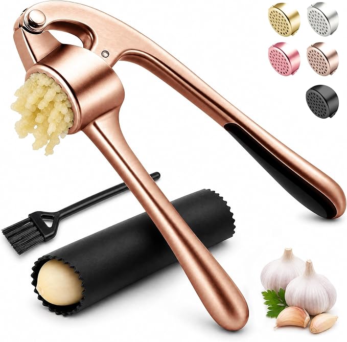 Kitchen Garlic Press, Rust Proof & Dishwasher Safe Garlic Mincer, Durable Garlic Crusher Set with Peeler＆Brush, Easy to Clean and Squeeze, Copper