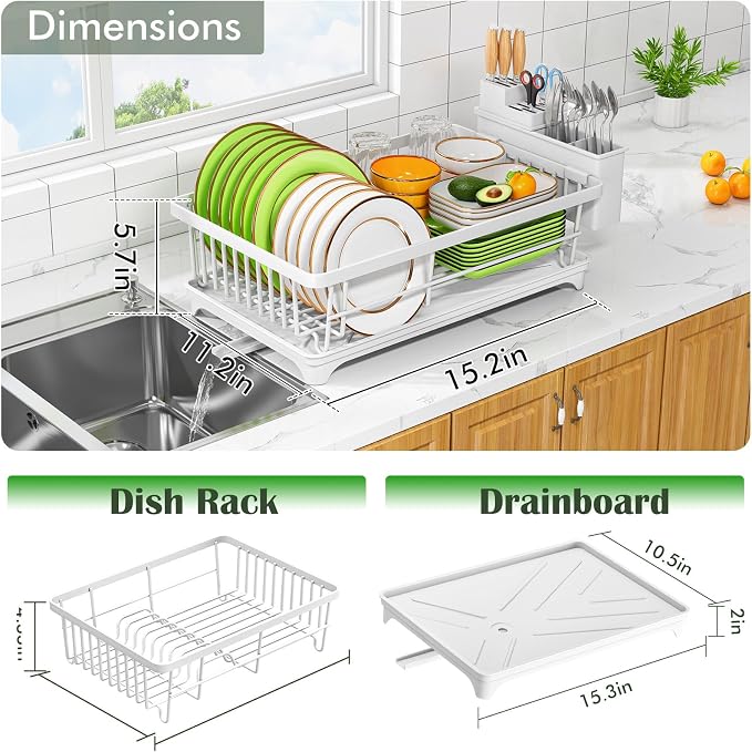 Kmiectse Dish Drying Rack for Small Kitchen Counter with Utensil Holder | Space Saving, Rust Resistant, Quick Drainage Dish Rack, Compact Dish Drainer Organizer for Home Kitchen, White