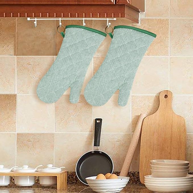 Yarn Dyed Oven Mitts 1 Pair, 100% Cotton Heat Resistant 470 Degree | Oven Gloves for Men Women Cooking Baking Barbecue BBQ Microwave Crafting Machine Washable Pot Holders Mittens (Green 2)