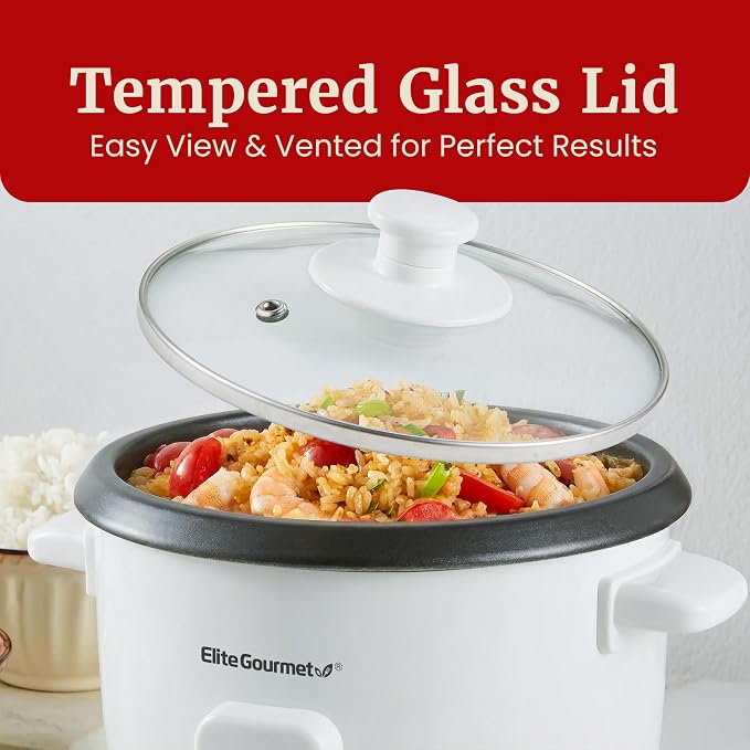 Elite Gourmet ERC003NSTX Rice Cooker & Food Steamer, Non-Stick Pot, White | Keep Warm - Glass Lid - Steam Tray Included - One-Touch Cooking - Includes Measuring Cup and Rice Scoop