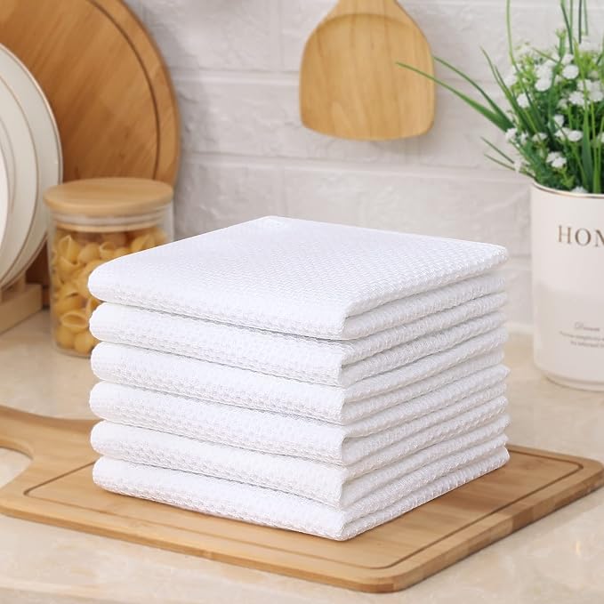 Kitinjoy 100% Cotton Waffle 6-Pack Kitchen Towels, 12" x 12", White | Ultra Absorbent, Super Soft, lightweight, Quick Drying Dish Rags for Washing Dishes