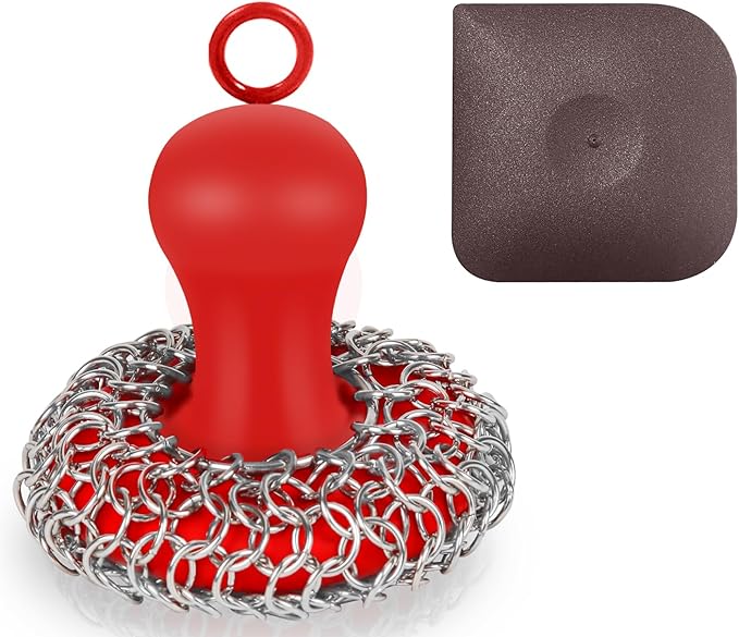 Cast Iron Cleaner Scrubber with Pan Scraper, Patented Chain Mail Scrubber | with Hanging Loop, Metal Chainmail Scrubber Sponge Scrub Brush Cleaning kit to Clean Pan Pot, Skillet, Grill, Dutch Oven, Wok