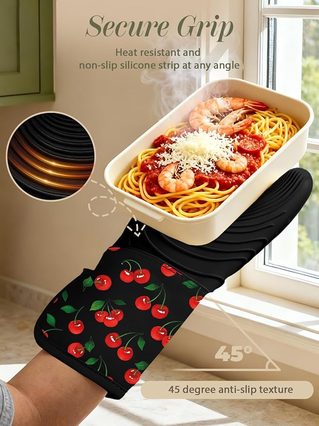 Slohif Long Silicone Oven Mitts Heat Resistant for Women - 2 Pcs Y2K Cherry 100% Cotton Oven Gloves, Non-Slip and Waterproof Silicone Oven Mitts with Hanger for Baking and Cooking