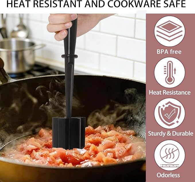 Meat Chopper, 5-Blade Curved Potato Masher & Hamburger Meat Smasher, Ground Beef Chopper, Premium Heat-Resistant Masher for Beef, Chicken and More