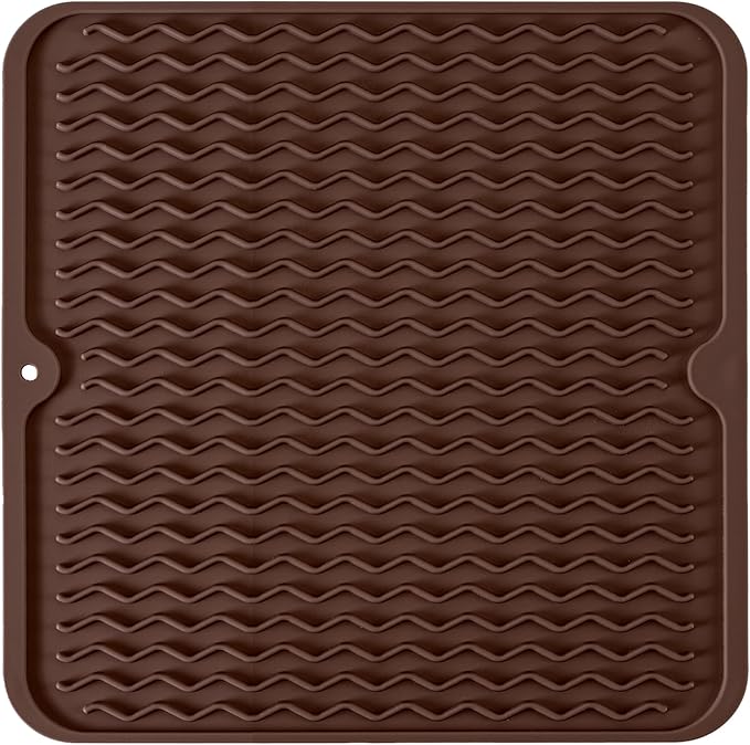 Silicone Dish Drying Mat, Non-Slip Easy Clean Sink Mat Large Heat-resistant Dish Drainer Mat for Kitchen Counter, Sink, Refrigerator or Drawer liner (12" x 12", COFFEE) | Quick-Dry Ridges, Hangable & Roll-Up for Storage, Dishwasher Safe