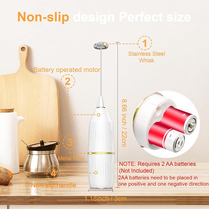 2 Pack Milk Frother Standable No Stand Needed, Battery Operated (White)