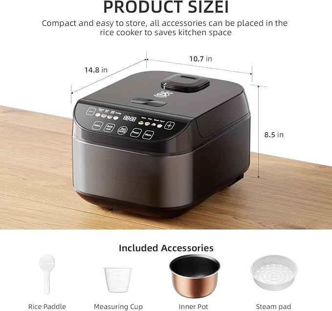 TRIANGLE Smart Rice Cooker 6 Cups Uncooked, Fuzzy Logic Rice Maker One-Touch Cooking with Non-stick Inner Pot, Steamer, Quick Cook, Timer, Auto Keep Warm Feature, Black