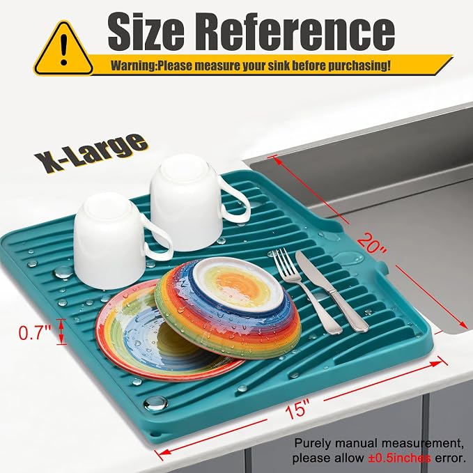 TIKNIK Silicone Dish Drying Mat for Kitchen Counter, Green-1pcs, 20" x 15" | Heat Resistant & Non-Slip Dish Drain Pad with Built-In Drain, Dishwasher Safe, Quick-Dry, Hangable & Roll-Up for Storage