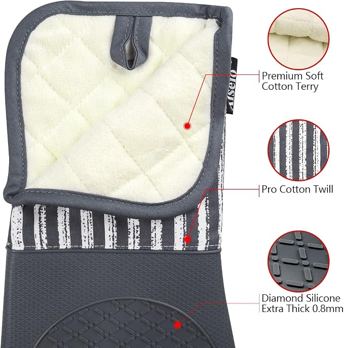 Alselo Silicone Oven Mitts Heat Resistant 932℉ with Waterproof & Non-Slip | Kitchen Mittens Set of 2,Extra Long 7.5"x15" Oven Gloves with Soft Cotton Terry Lining for Baking Cooking BBQ(Grey,2)