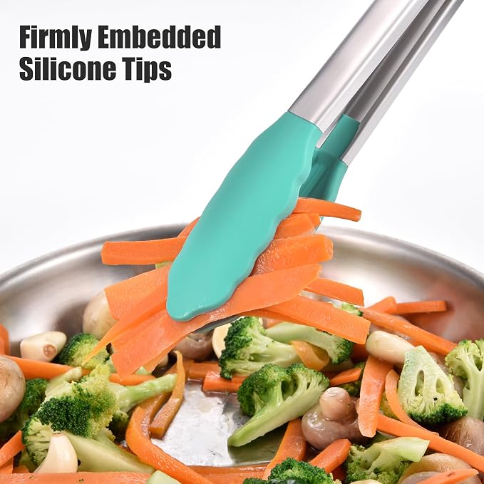 Doosu Kitchen Tongs with Silicone Tips for Cooking Serving (16in, Aqua Sky) | 600°F Heat Resistant Food Tong, Heavy Duty Stainless Steel Locking Tong for BBQ, Grilling Steak, Salad, Toast, Pasta