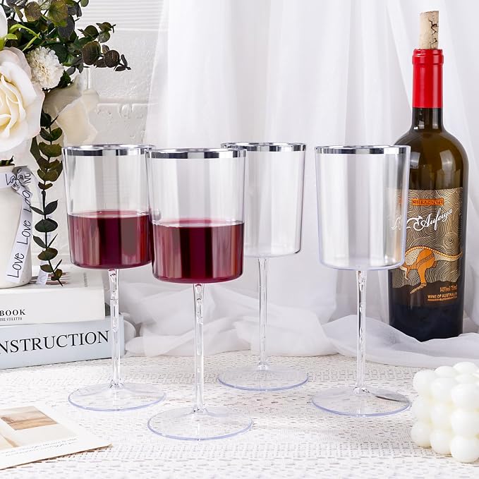 Ciaell 12 Pack Silver Plastic Wine Glasses for Weddings Outdoor Gatherings | 14 oz Silver Square Stemmed Cups, Heavy Duty Plastic, Wine Champagne Cocktails Mimosas for Parties Dinners