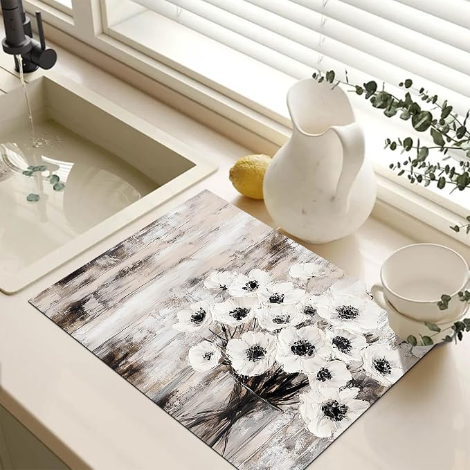 HOMETITUTE White Floral Rustic Stove Top Cover 28x20 Diatomite Mat