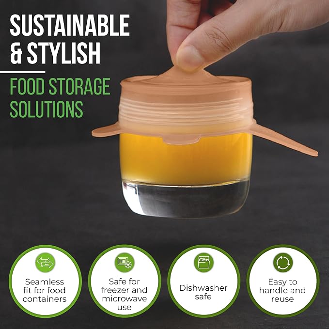Reusable Silicone Stretch Lids for Food Storage in Fridge - Elastic Heat-Resistant Bowl Covers, Cups, Cans, Jars - Universal Food Grade Lid for Round and Rectangle Containers -7 Pack - Peach Glow