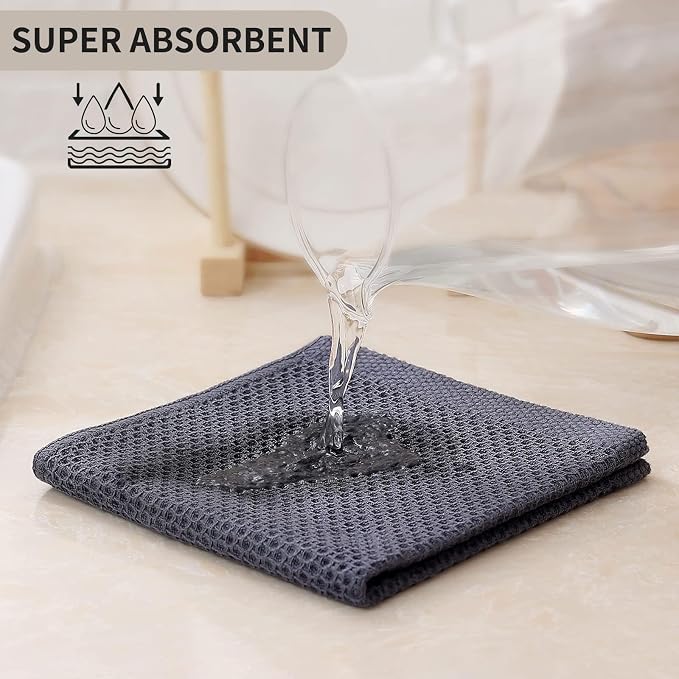 Kitinjoy 100% Cotton Waffle 12-Pack Kitchen Towels, 12" x 12", Dark Grey | Ultra Absorbent, Super Soft, lightweight, Quick Drying Dish Rags for Washing Dishes