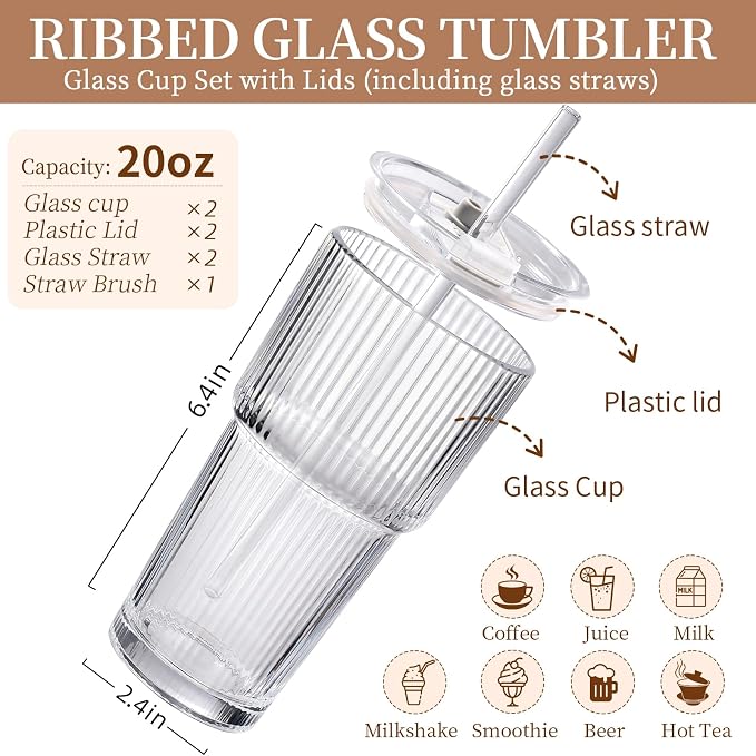 Iced Coffee Cups with Lids 2Pcs: Ribbed Glass Tumbler with Straw and Lid 20oz - Vintage Glass Cups with Lids and Straws - Tumbler Leak Proof Aesthetic Drinking for Coffee Bar Accessories