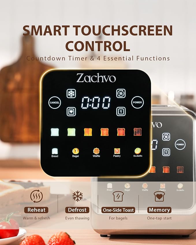 2 Slice Touchscreen Toaster with Digital Countdown & Bagel Mode | 1.5" Wide Slots, Single-Side Toasting, Bread, Waffle & Muffin Presets, Memory, 6 Shade Settings, Defrost & Reheat