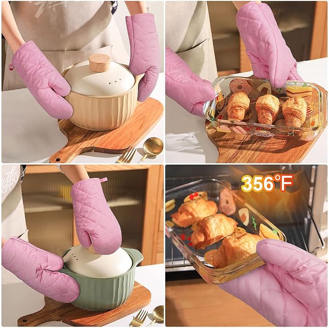 AUAUY Pink Oven Mitts, 1 Pair Kitchen Mittens, 392°F Heat Resistant | Oven Gloves Non-Slip Kitchen Gloves for Oven, BBQ Gloves-Oven Mitts Infill Cotton Cooking Gloves for Oven Grilling Baking