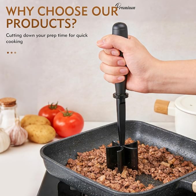 Meat Masher, Ground Beef Masher with 5 Curve Blades & Non-Slip Handle | Upgrade Heat Resistant Hamburger Smasher Tool for Hamburger & Potatoes, Non Stick Mix Ground Meat Chopper(Black)