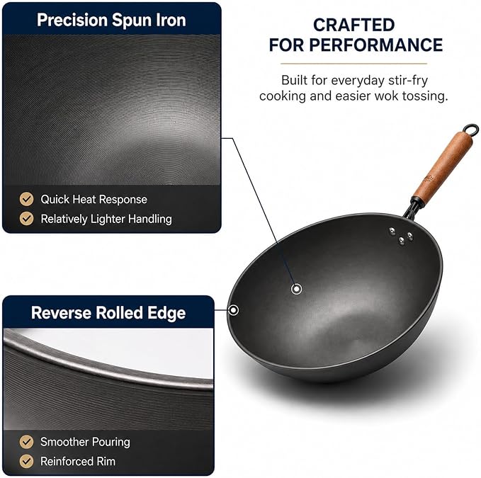 Carbon Steel Wok with Glass Lid, 12.6 Inch Flat Bottom Stir Fry Pan, Rolled Edge Spun Wok Pan, Coating-Free Wok for Induction, Gas & Electric Cooktops, 3–4 Servings