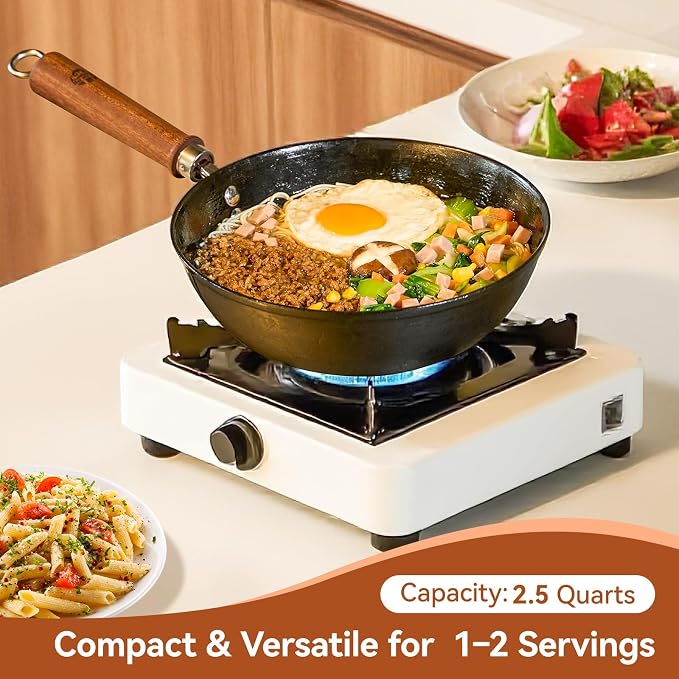 WANGYUANJI 9.5 Inch Small Cast Iron Wok with Lid - Handcrafted Tortoise Shell Texture Uncoated Stir Fry Pan, Flat Bottom Wok for Electric, Induction & Gas Stoves, 2.5 Quart (Requires Seasoning)