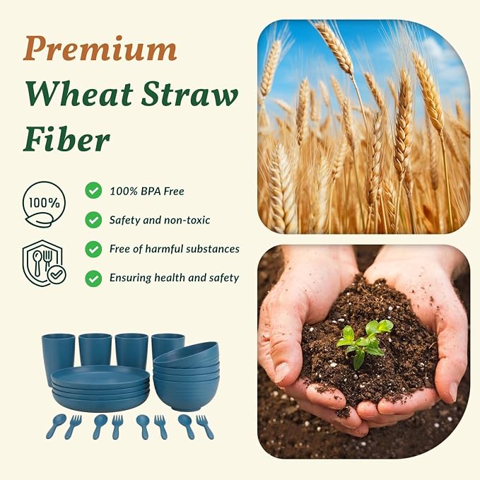 Wheat Straw Dinnerware Sets, Homienly 20pcs Unbreakable Microwave Dishwasher Safe Tableware Lightweight Bowls, Cups, Plates Set Reusable Dinner Plates Bowls set (Blue)
