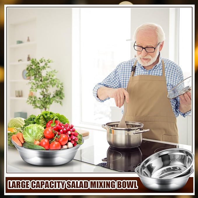 Nuogo 4 Pcs Stainless Steel Mixing Bowls Metal Mixing Bowls Extra Large Basin Salad Basin Deeper Edge Dishwasher Safe Mirror Finish for Home and Commercial, Silver (11 Inch 3.4 Qt)