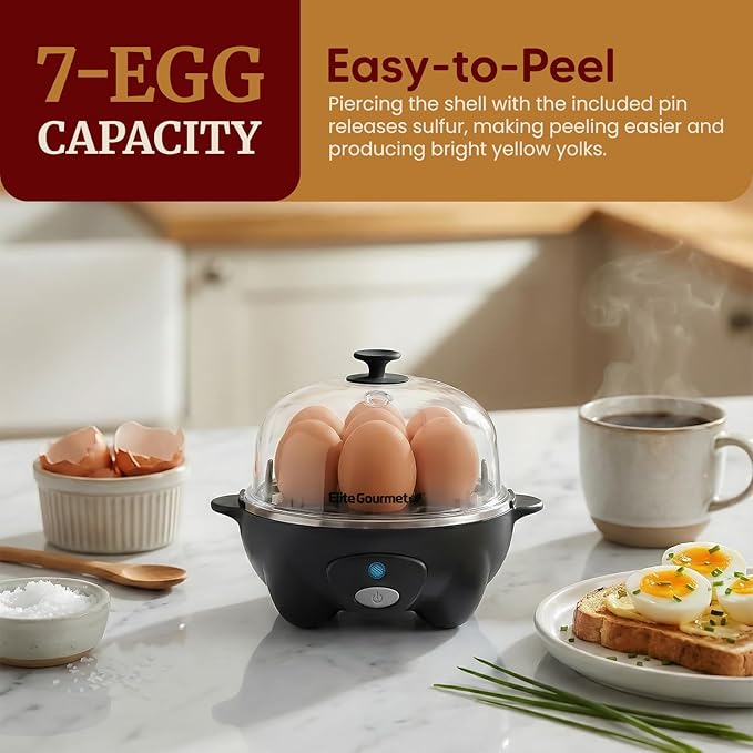 Elite Gourmet EGC-007B Rapid Egg Cooker, 7-Egg Poacher/Omelet Maker, Black | Easy-to-peel hard, medium, or soft-boiled eggs - auto shut-off, alarm, 16-recipe booklet included