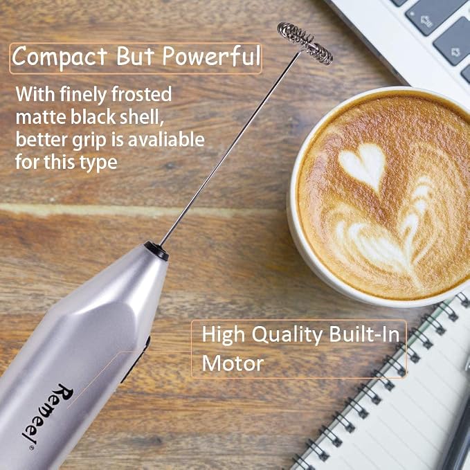 Handheld Milk Frother with Stainless Steel Whisk, Portable and Powerful Foam Maker for Morning Coffee, Latte, Cappuccino, Hot Chocolate (Silver)