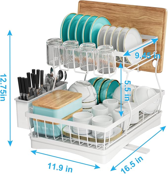 7 code 2-Tier Large Dish Drying Rack for Kitchen Counter, White | Detachable Large Capacity Dish Drainer Organizer with Auto Drain, Anti-Rust Dish Rack with Cup & Utensil Holders